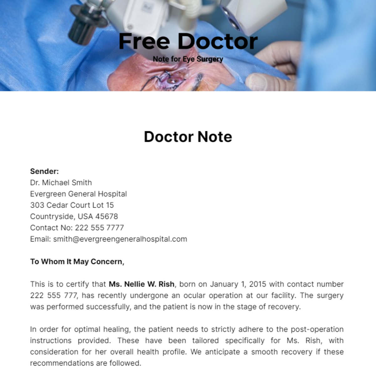 Doctor Note For Eye Surgery Template