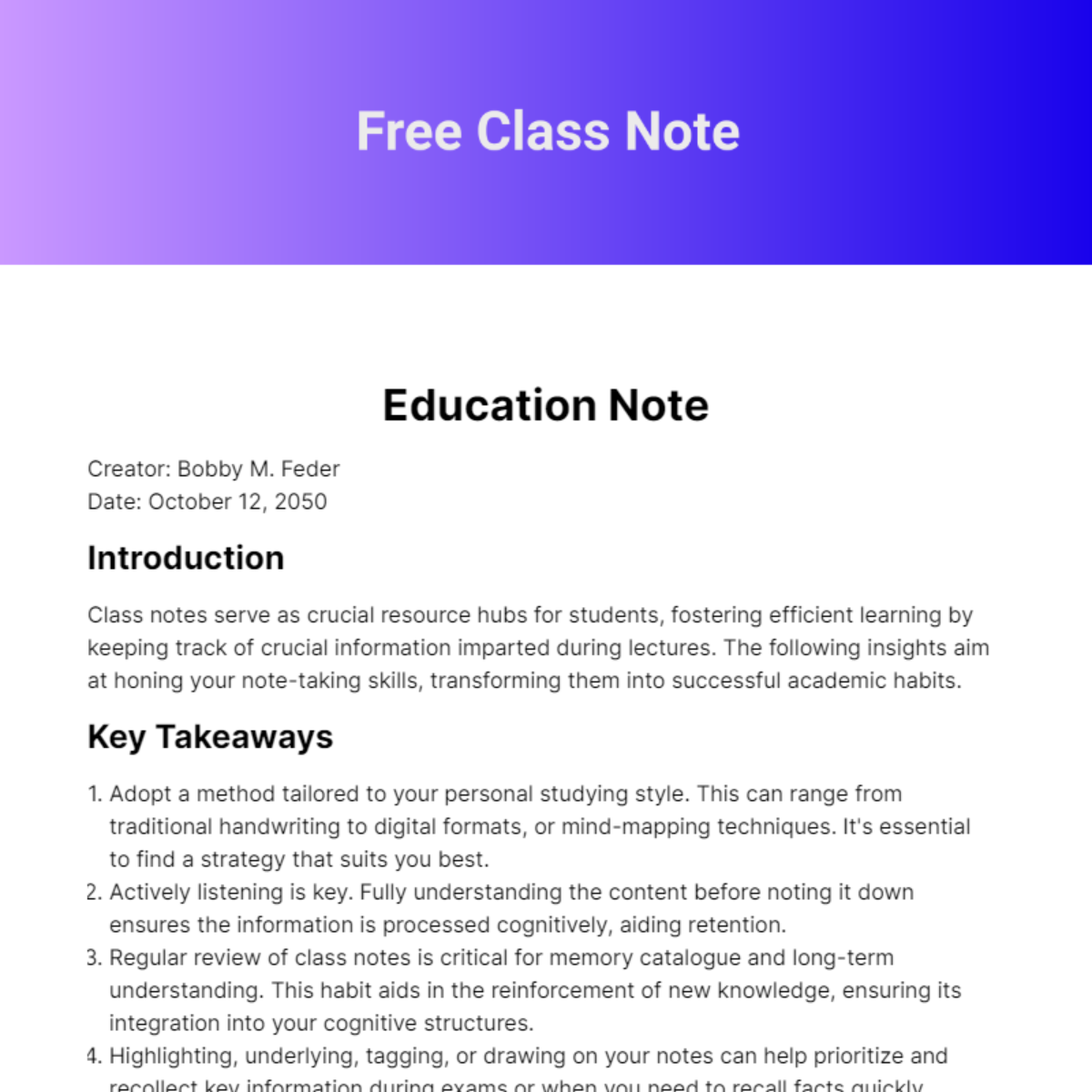 Free Class Note Template