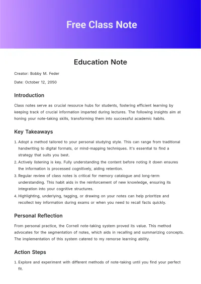 Free Class Note Template to Edit Online