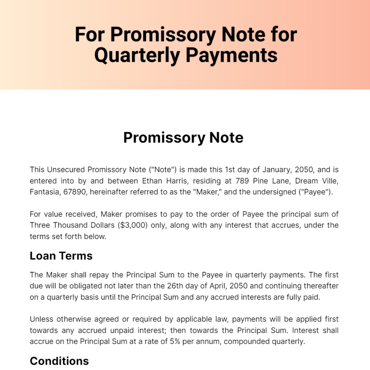 Promissory Note For Quarterly Payments Template