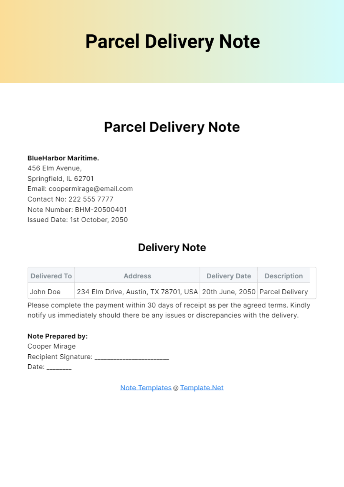 Parcel Delivery Note Template - Edit Online & Download