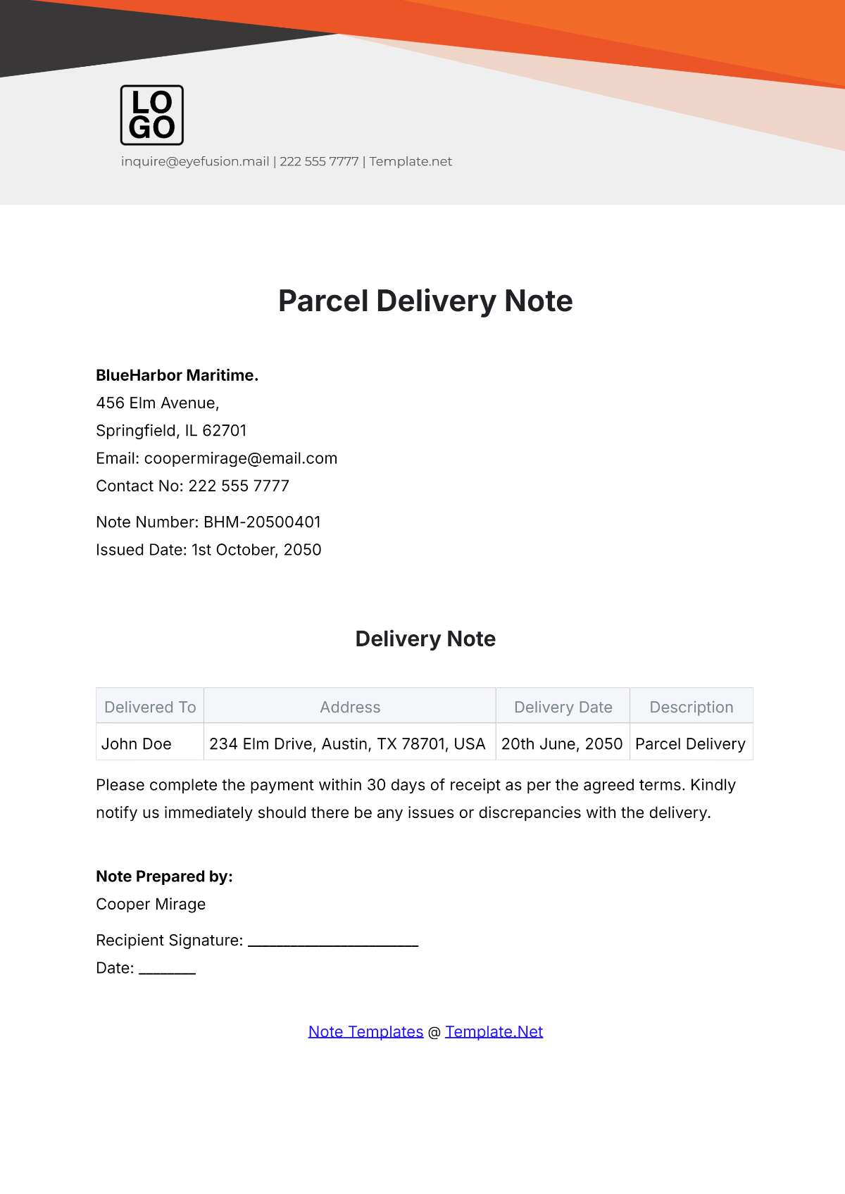 Free Parcel Delivery Note Template