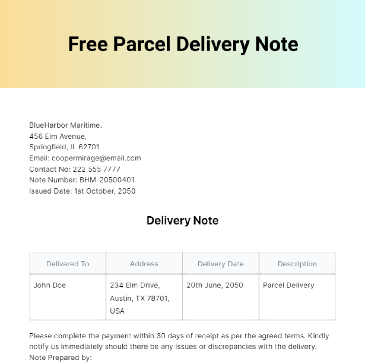 Parcel Delivery Note Template