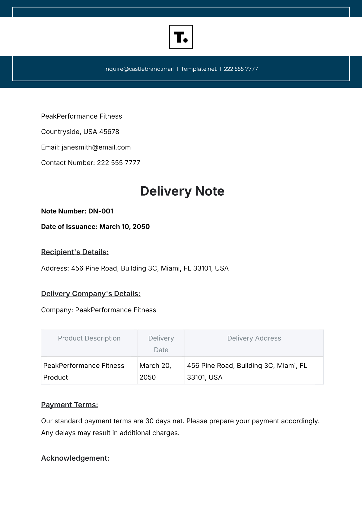 Free Product Delivery Note Template