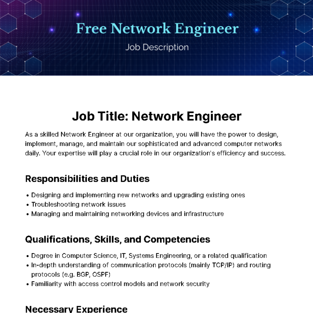 Network Engineer Job Description Template