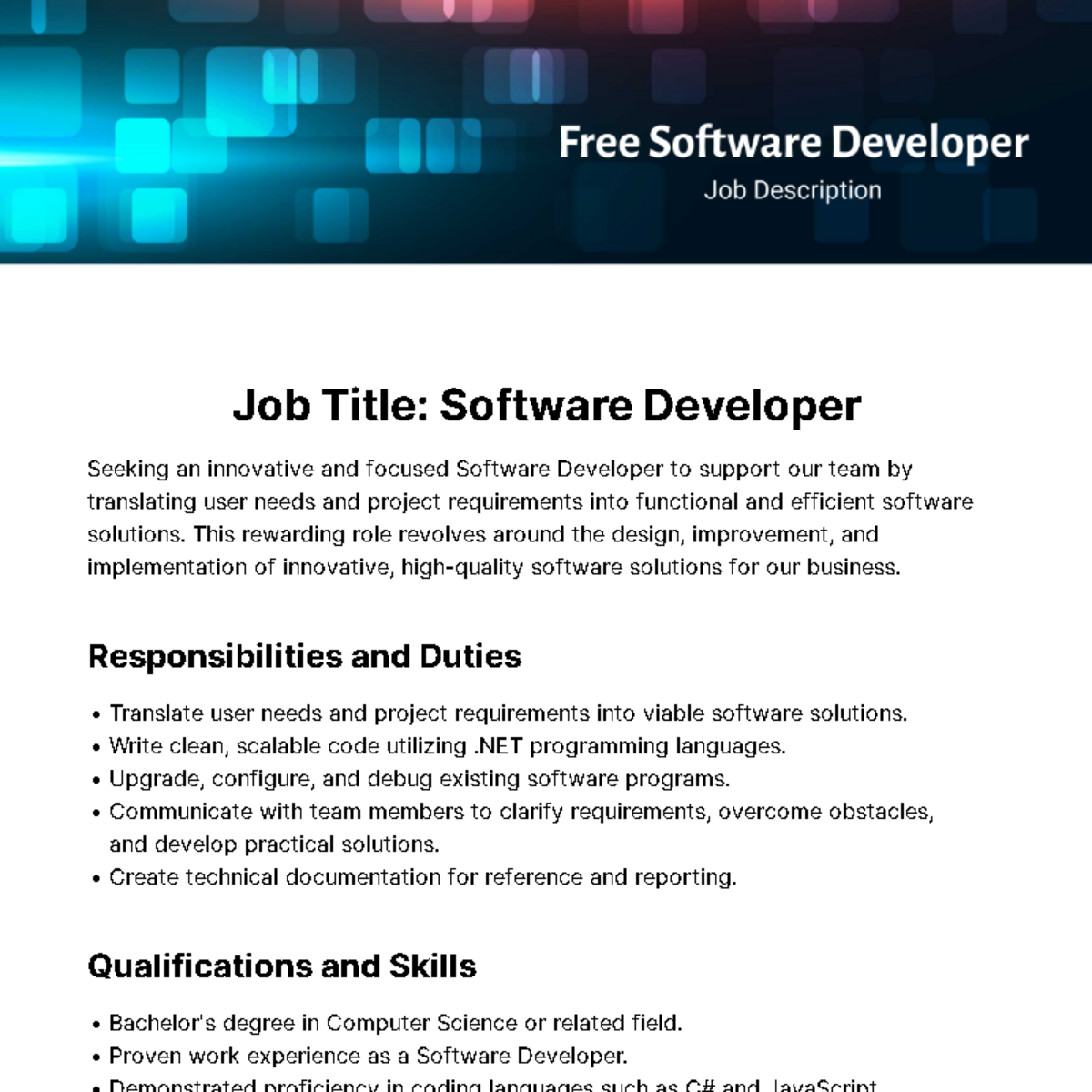 Free Software Developer Job Description Template
