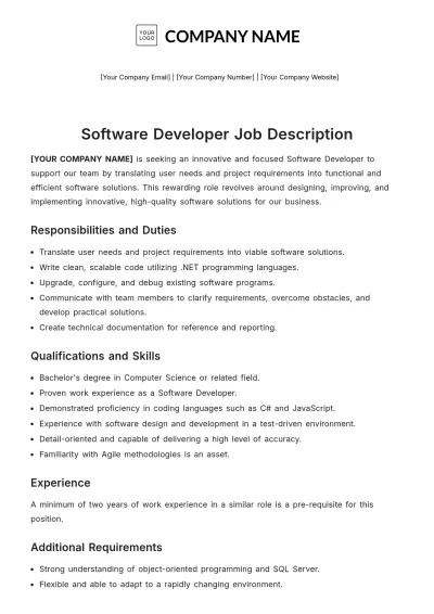 Free Software Developer Job Description Design Template to Edit Online