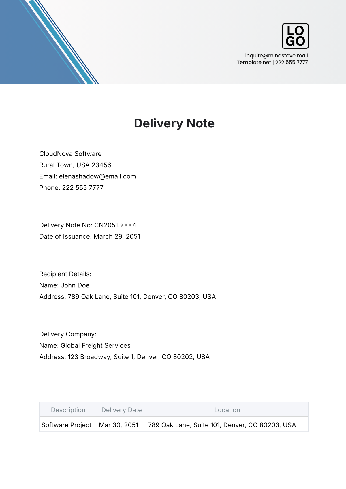 Free Software Project Delivery Note Template