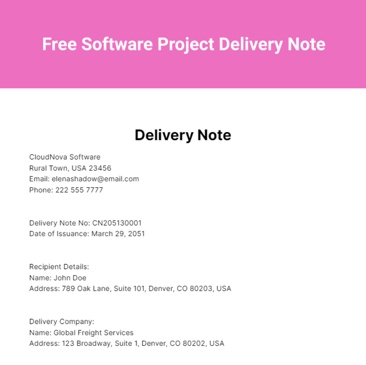 Software Project Delivery Note Template