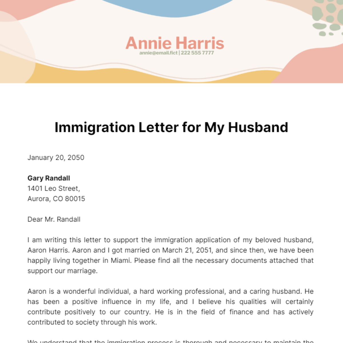 Free Immigration Letter for My Husband Template