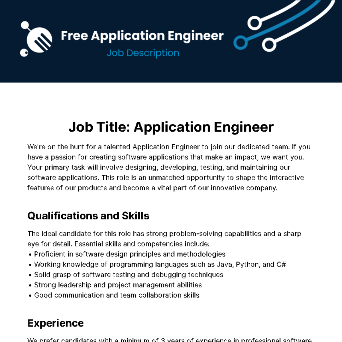 Free Application Engineer Job Description Template