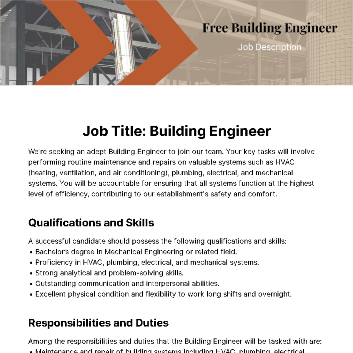 Free Building Engineer Job Description Template