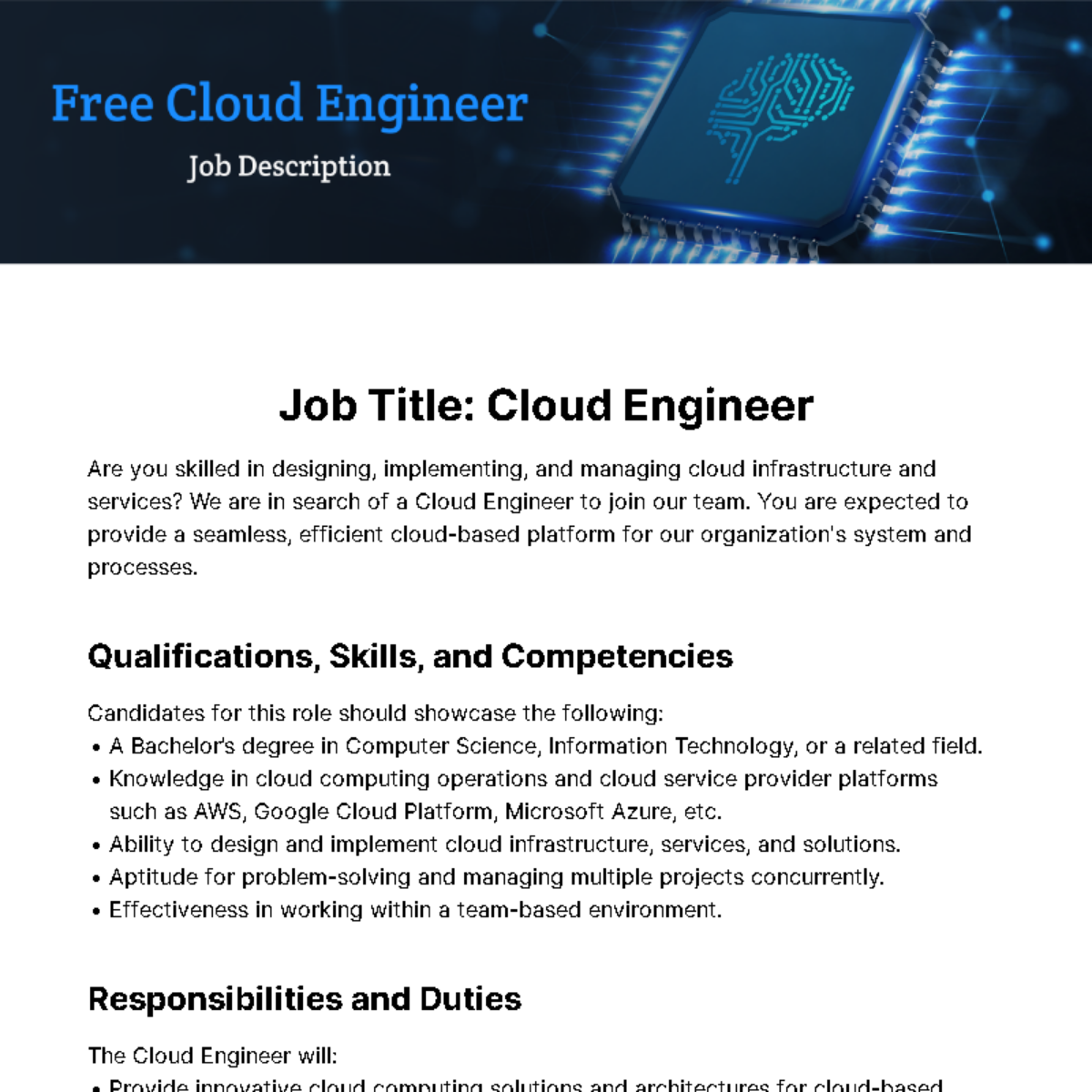 Cloud Engineer Job Description Template