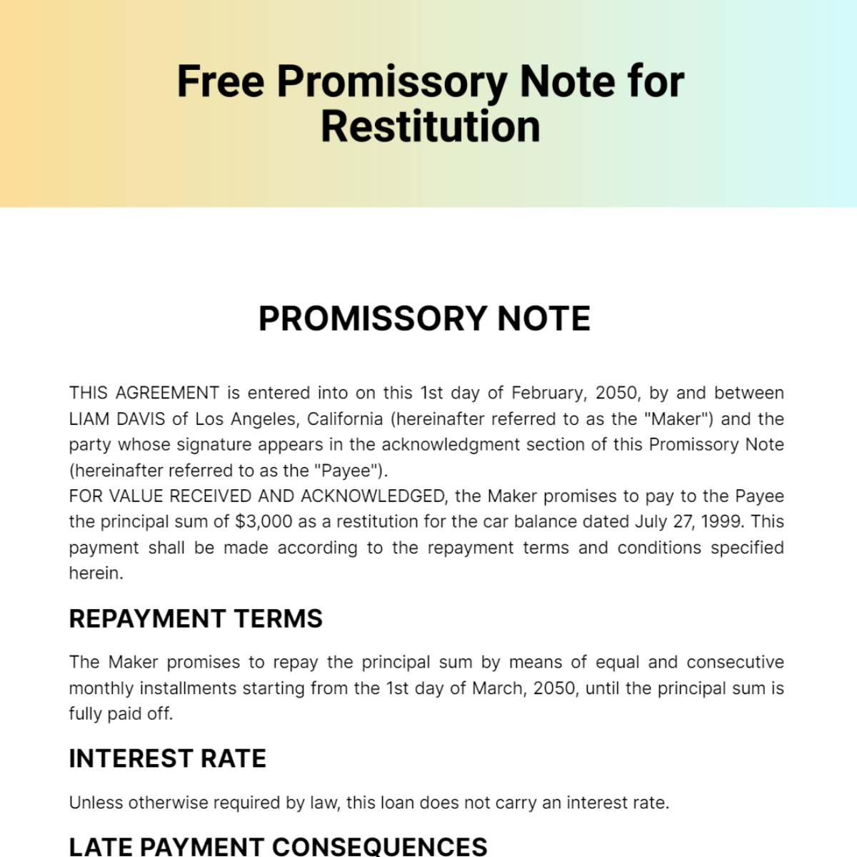Promissory Note for Restitution Template