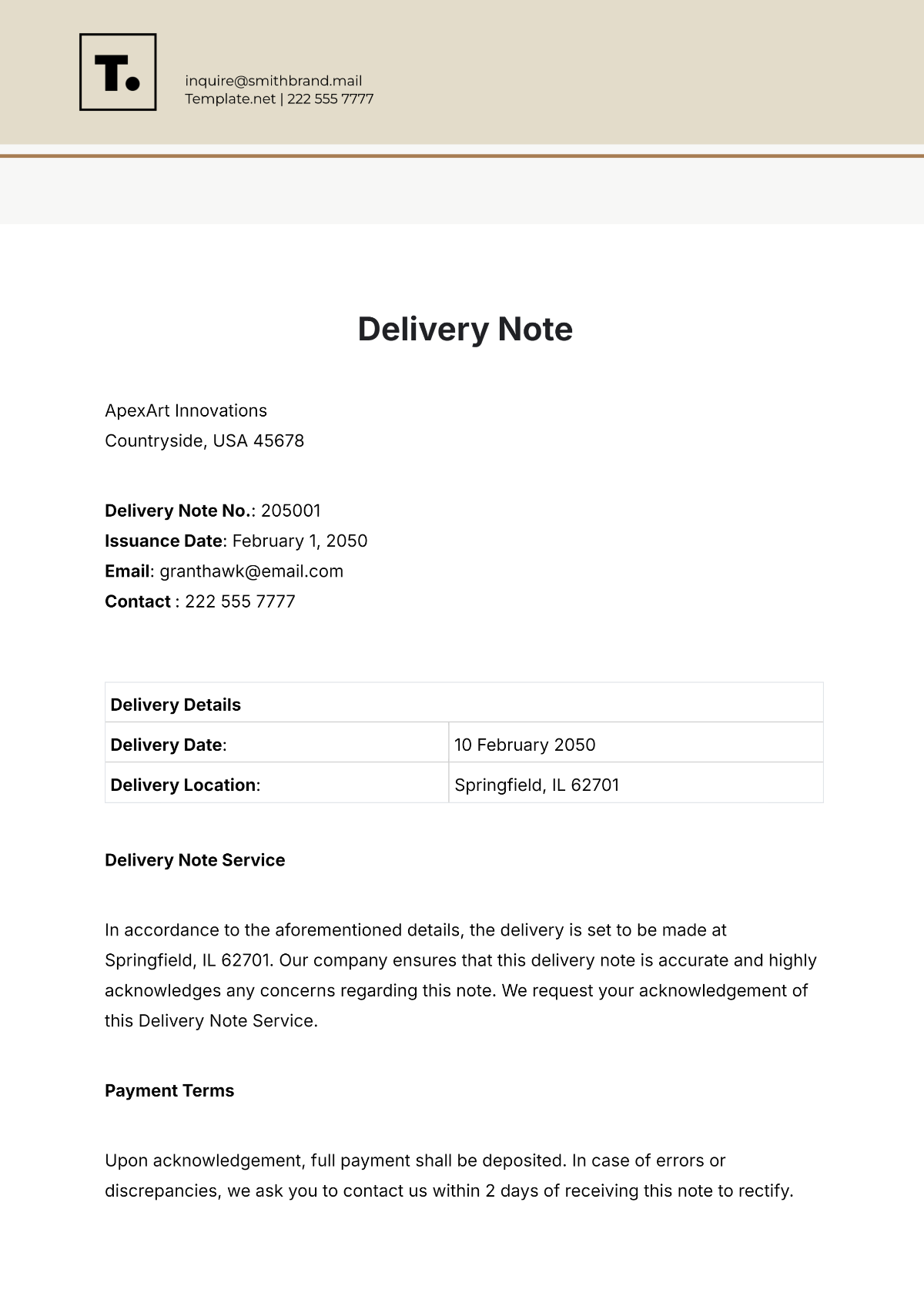 Free Service Delivery Note Template