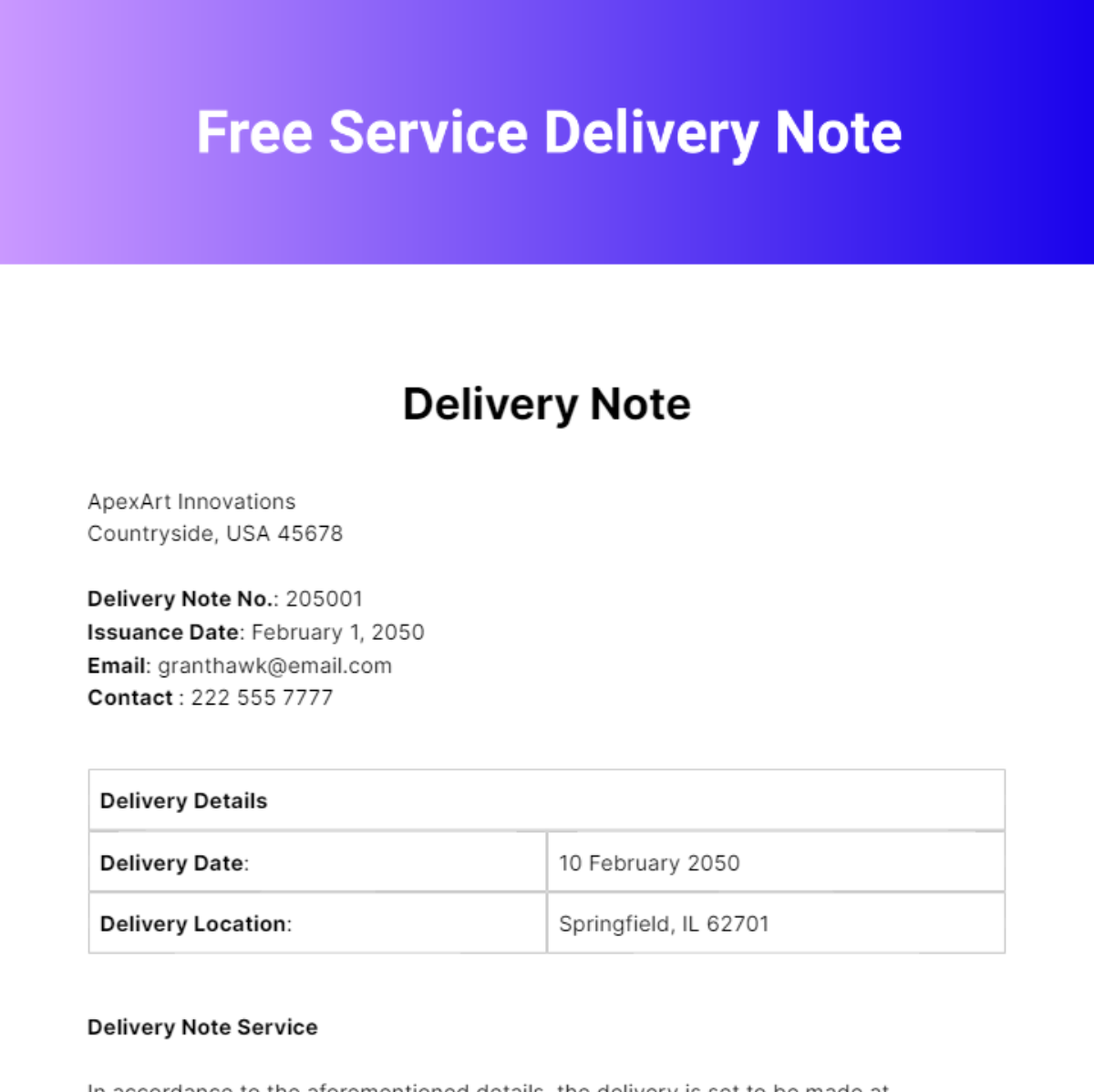 Free Service Delivery Note Template