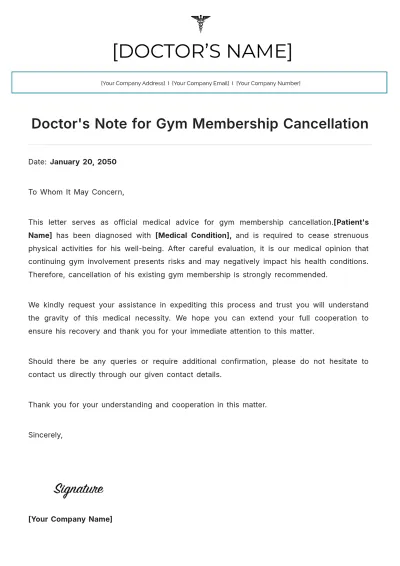Free Doctor's Note For Gym Membership Cancellation Template to Edit Online