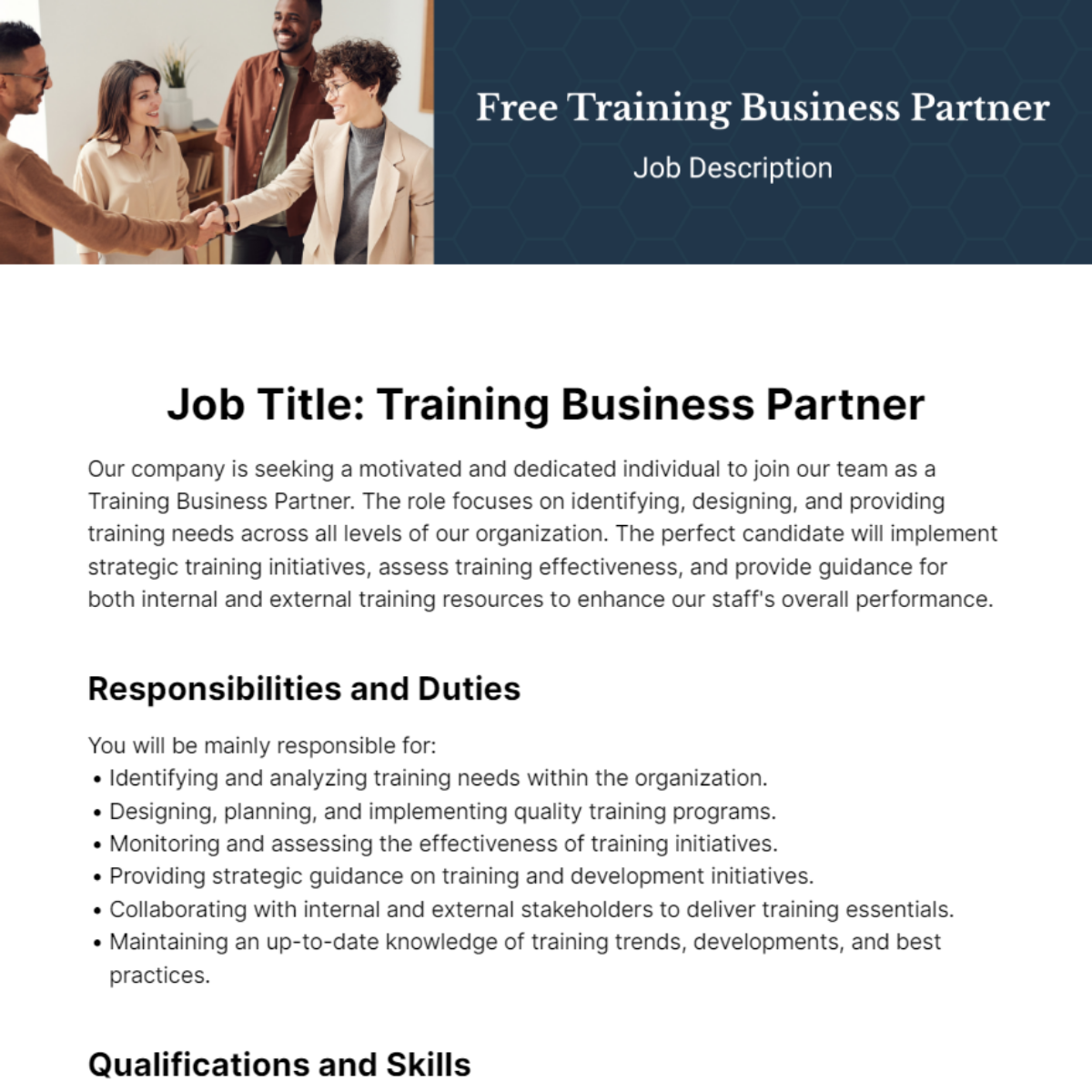 Free Training Business Partner Job Description Template