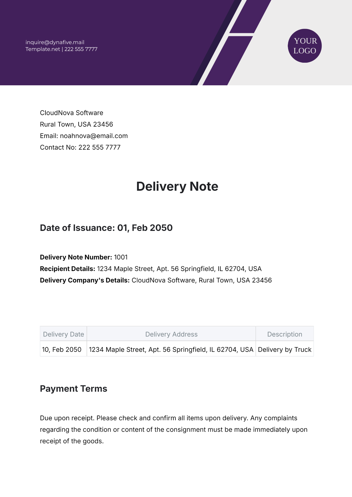 Free Truck Delivery Note Template