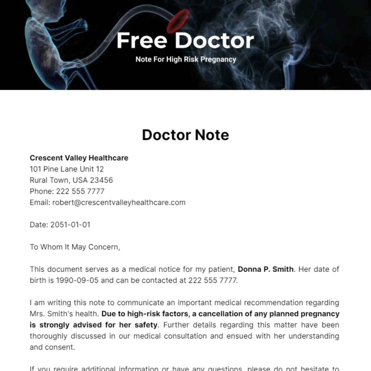 Doctor Note For High Risk Pregnancy Template