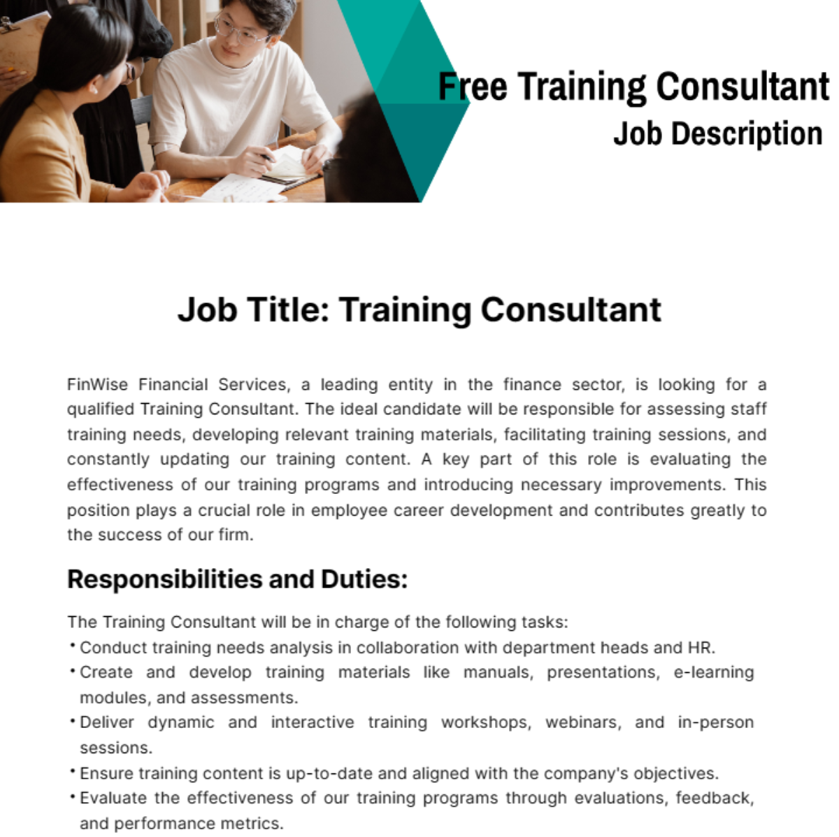 Free Training Consultant Job Description Template