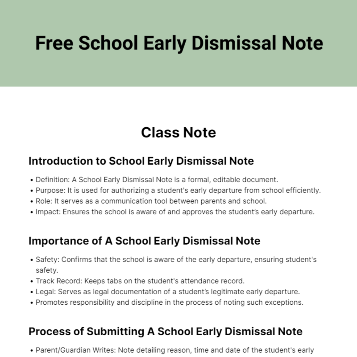 Free School Early Dismissal Note Template