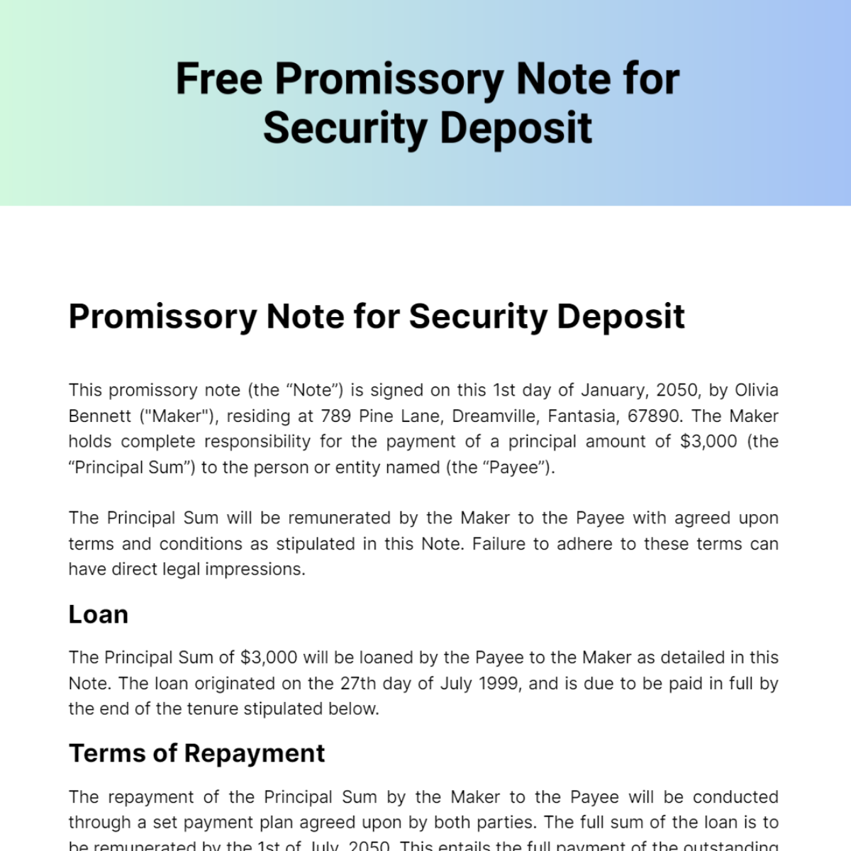Promissory Note for Security Deposit Template