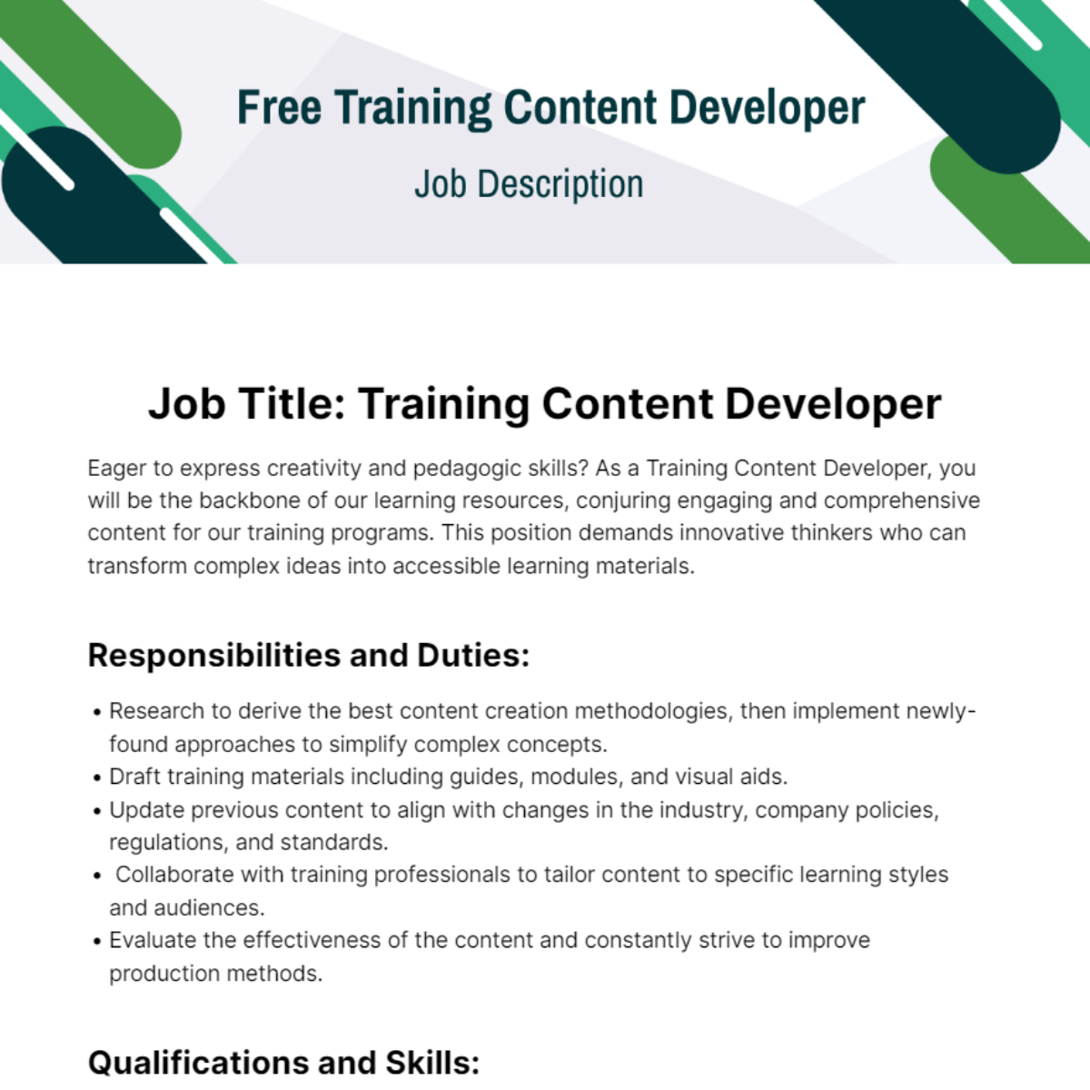 Free Training Content Developer Job Description Template