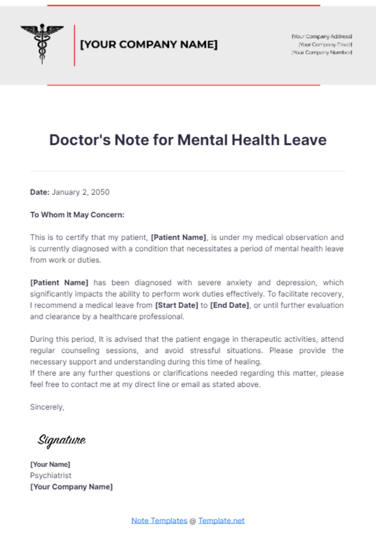 Doctor's Note For Mental Health Leave Template - Edit Online & Download