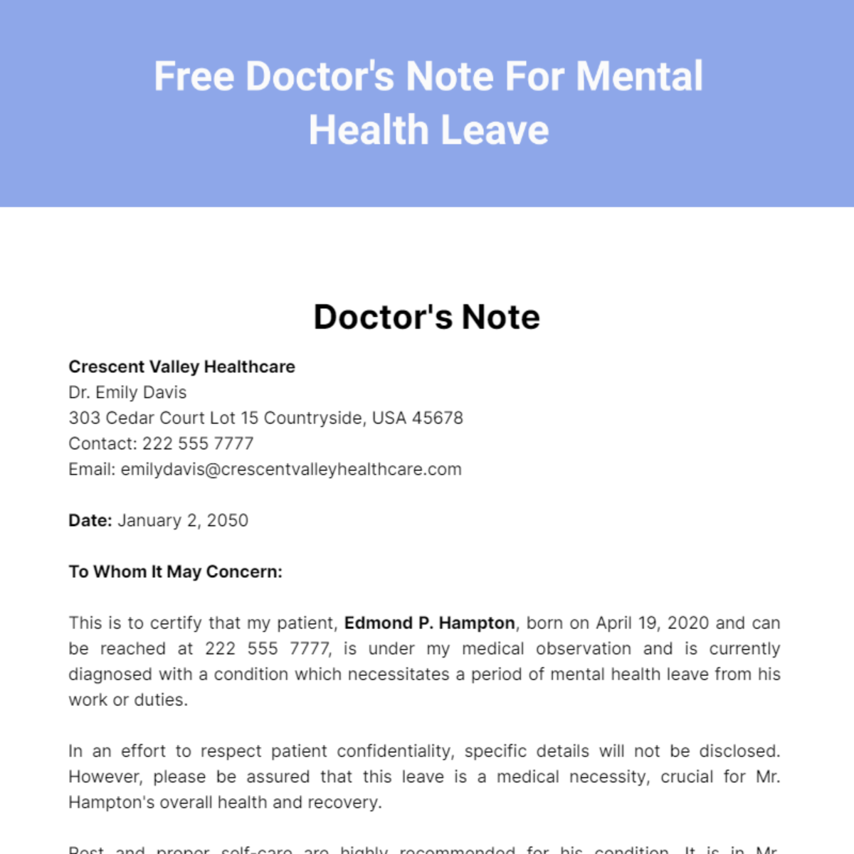 Doctor's Note For Mental Health Leave Template