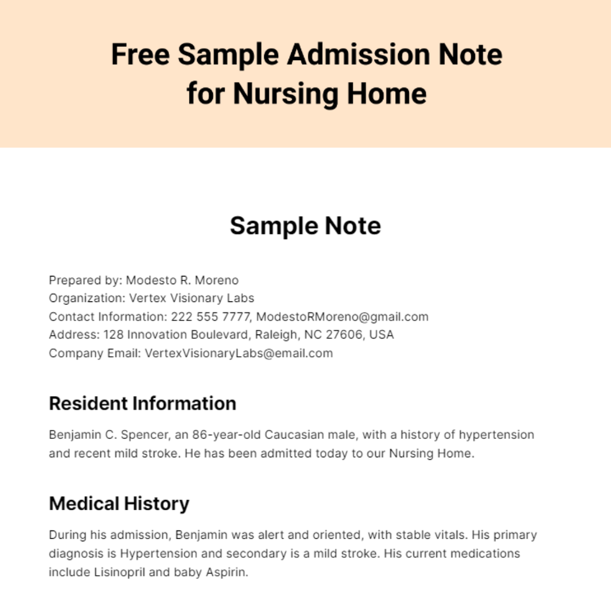 Free Sample Admission Note for Nursing Home Template