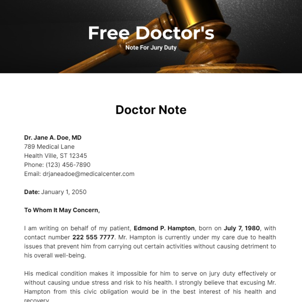 Doctor's Note For Jury Duty Template