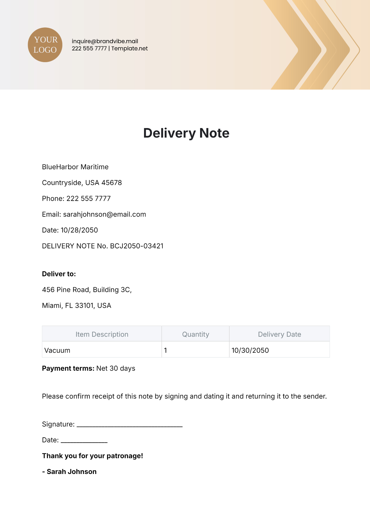 Free Vacuum Delivery Note Template