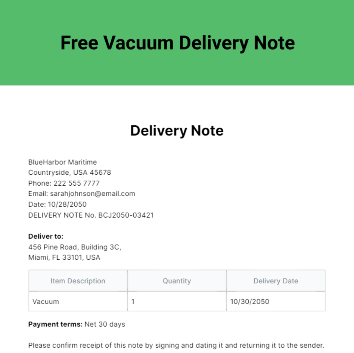Free Vacuum Delivery Note Template