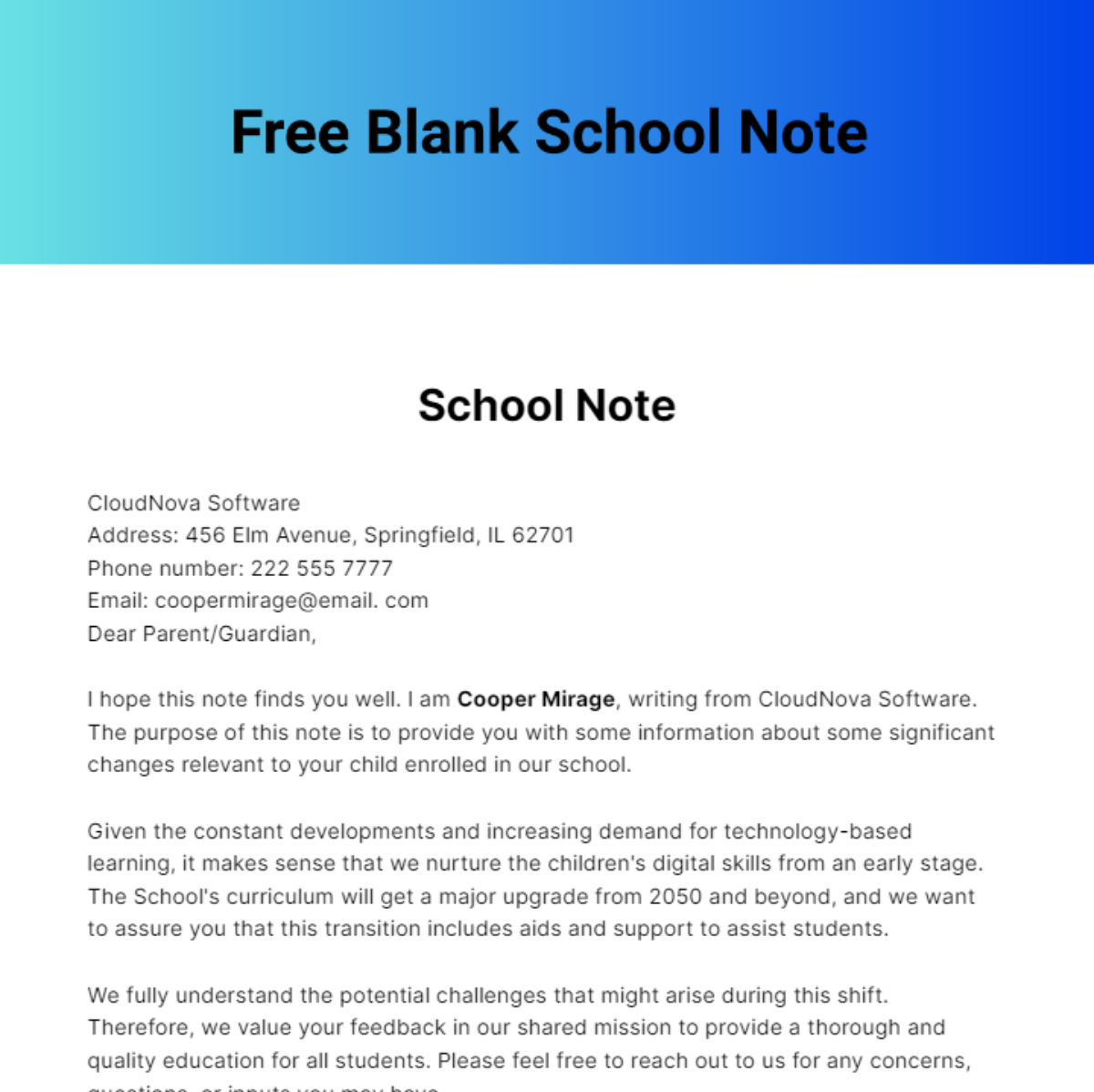 Blank School Note Template