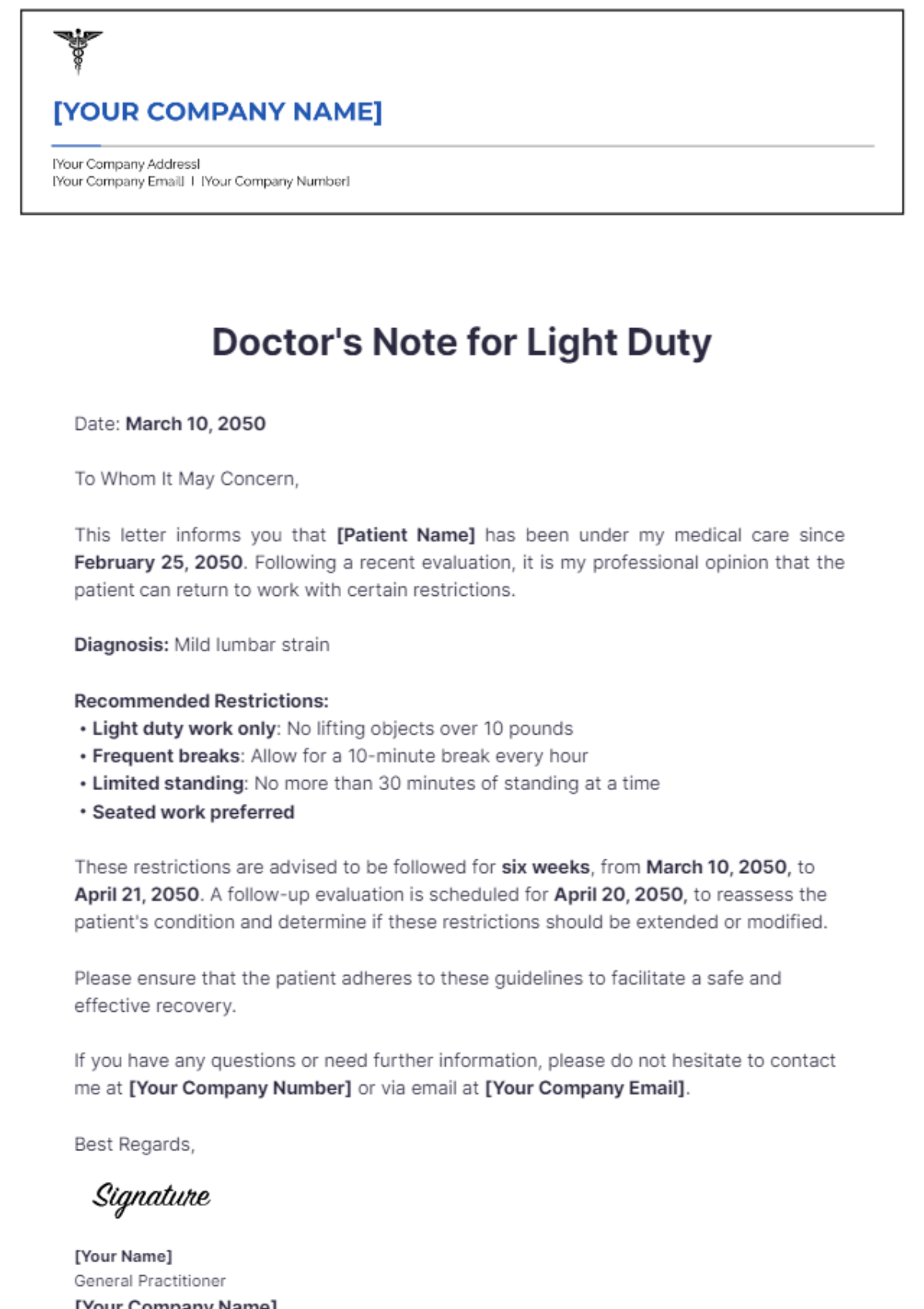 Doctor's Note For Light Duty Template - Edit Online & Download