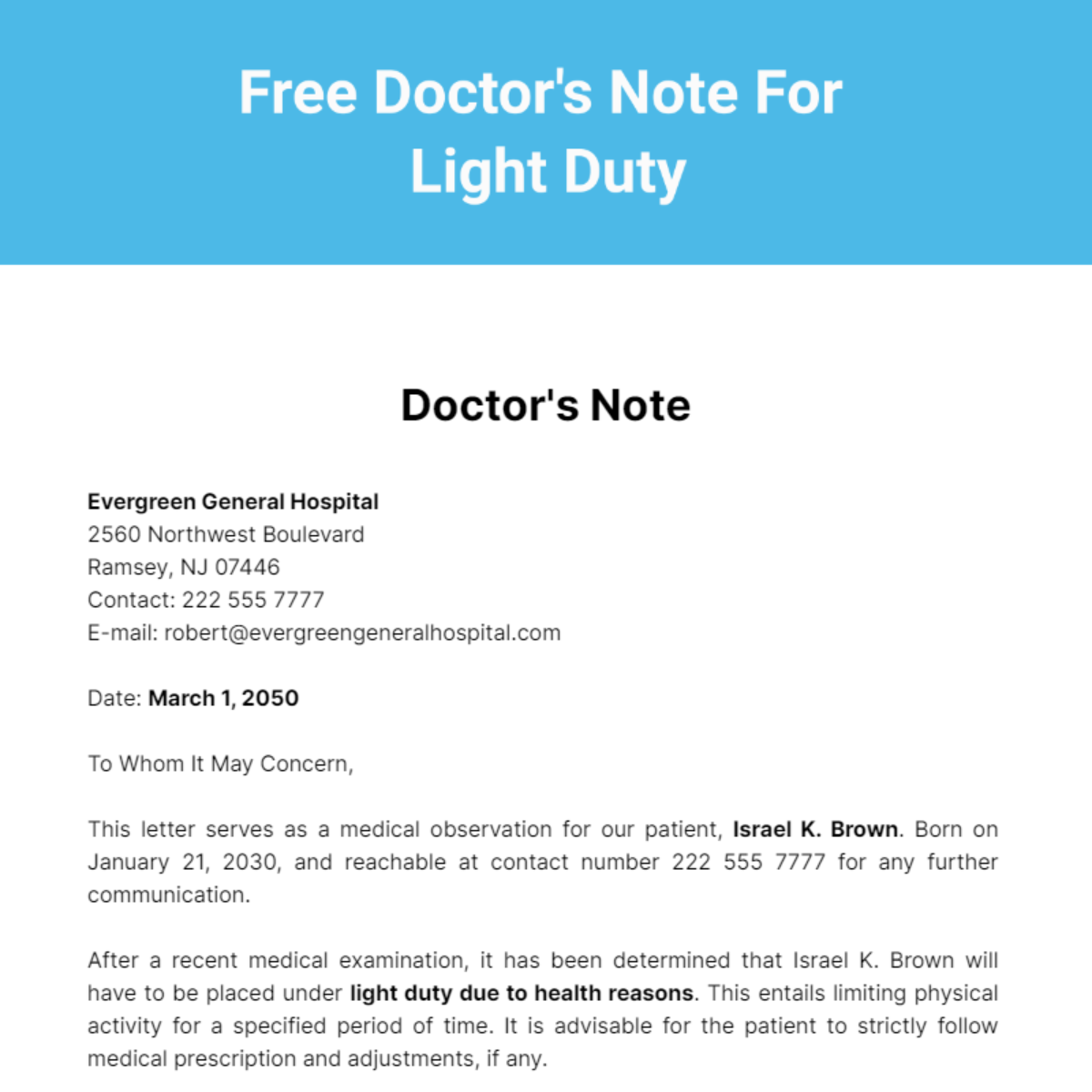 Doctor's Note For Light Duty Template