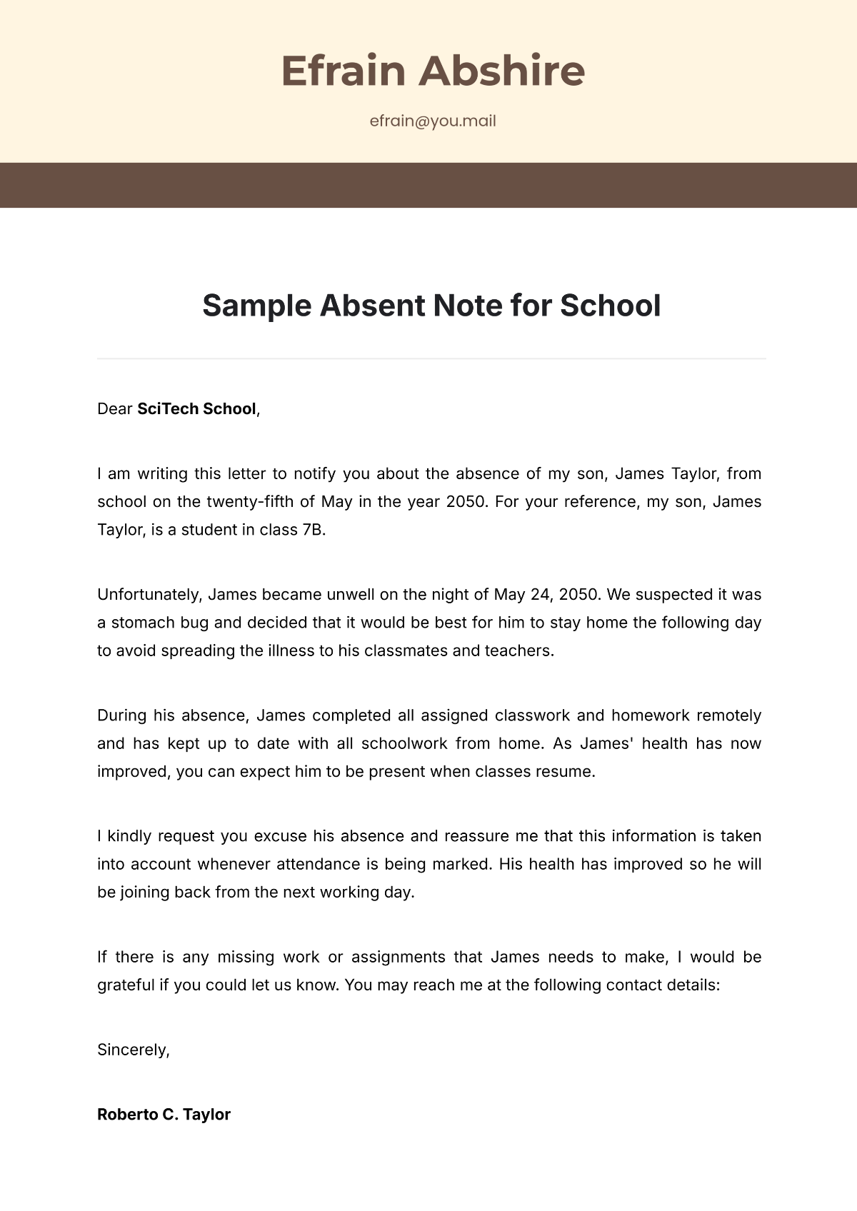 Sample Absent Note for School Template - Edit Online & Download