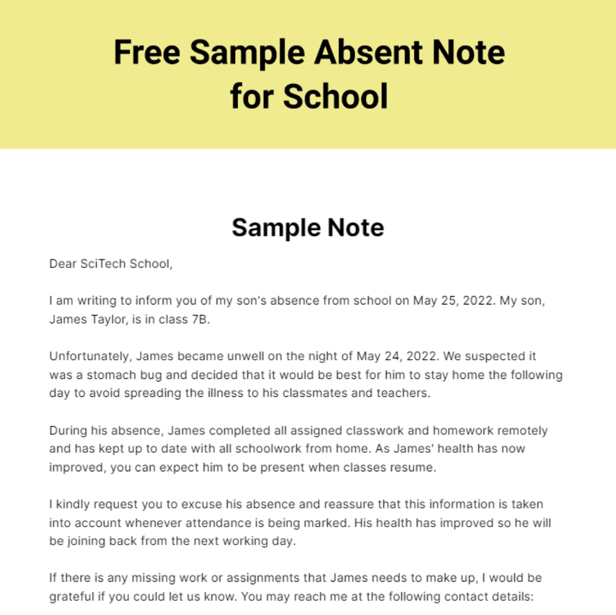 Sample Absent Note for School Template