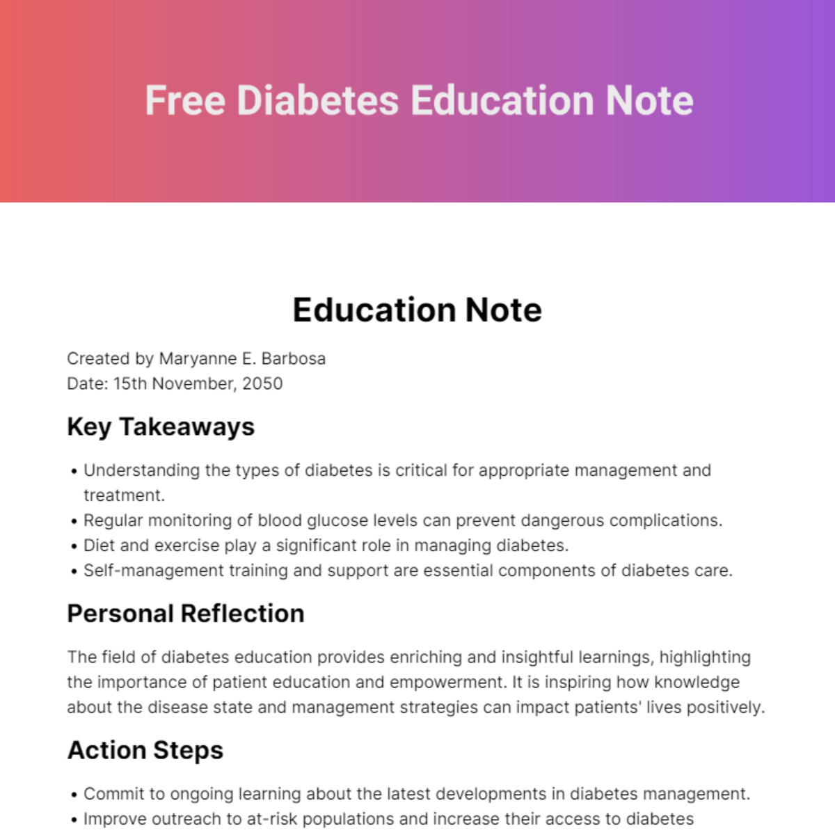 Free Diabetes Education Note Template