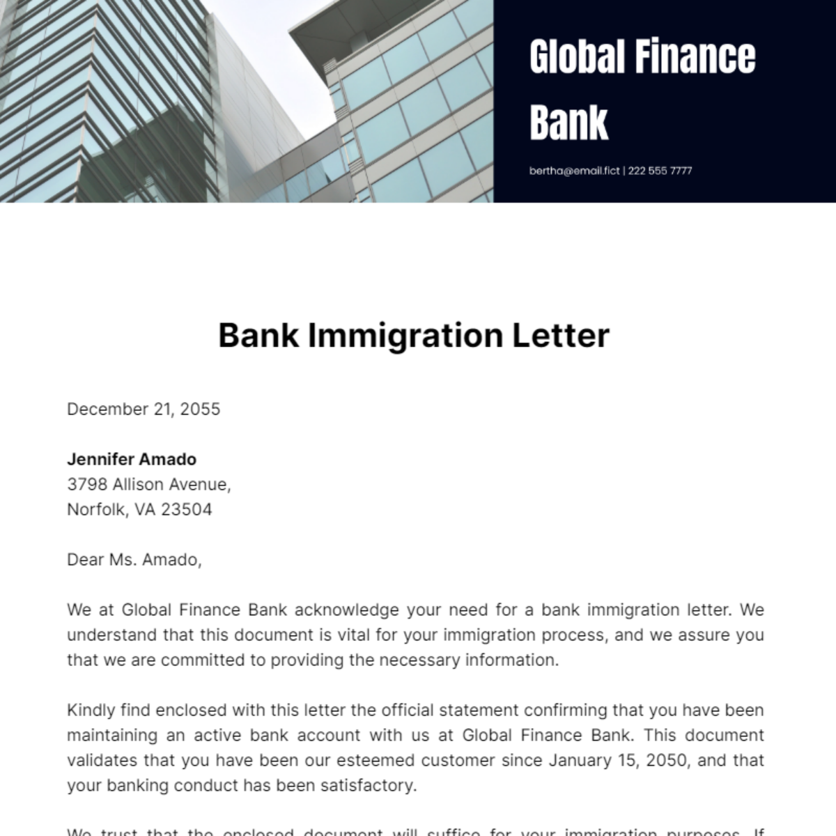 Bank Immigration Letter Template