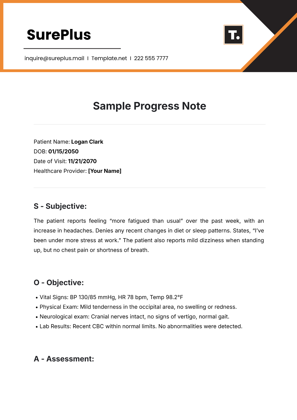 Sample Progress Note Template