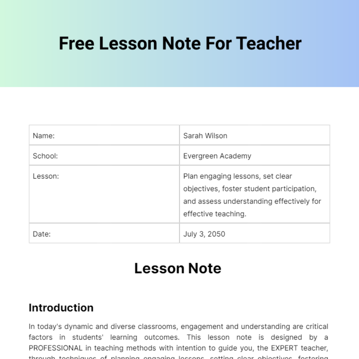 Free Lesson Note For Teacher Template