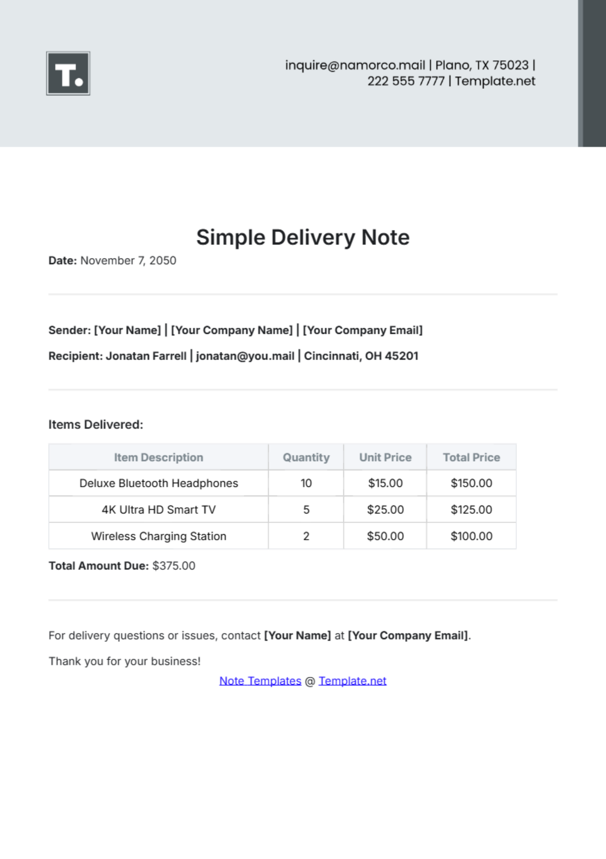 Free Simple Delivery Note Template