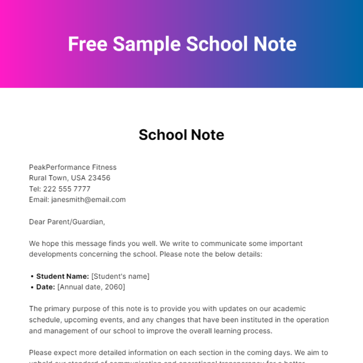 Sample School Note Template