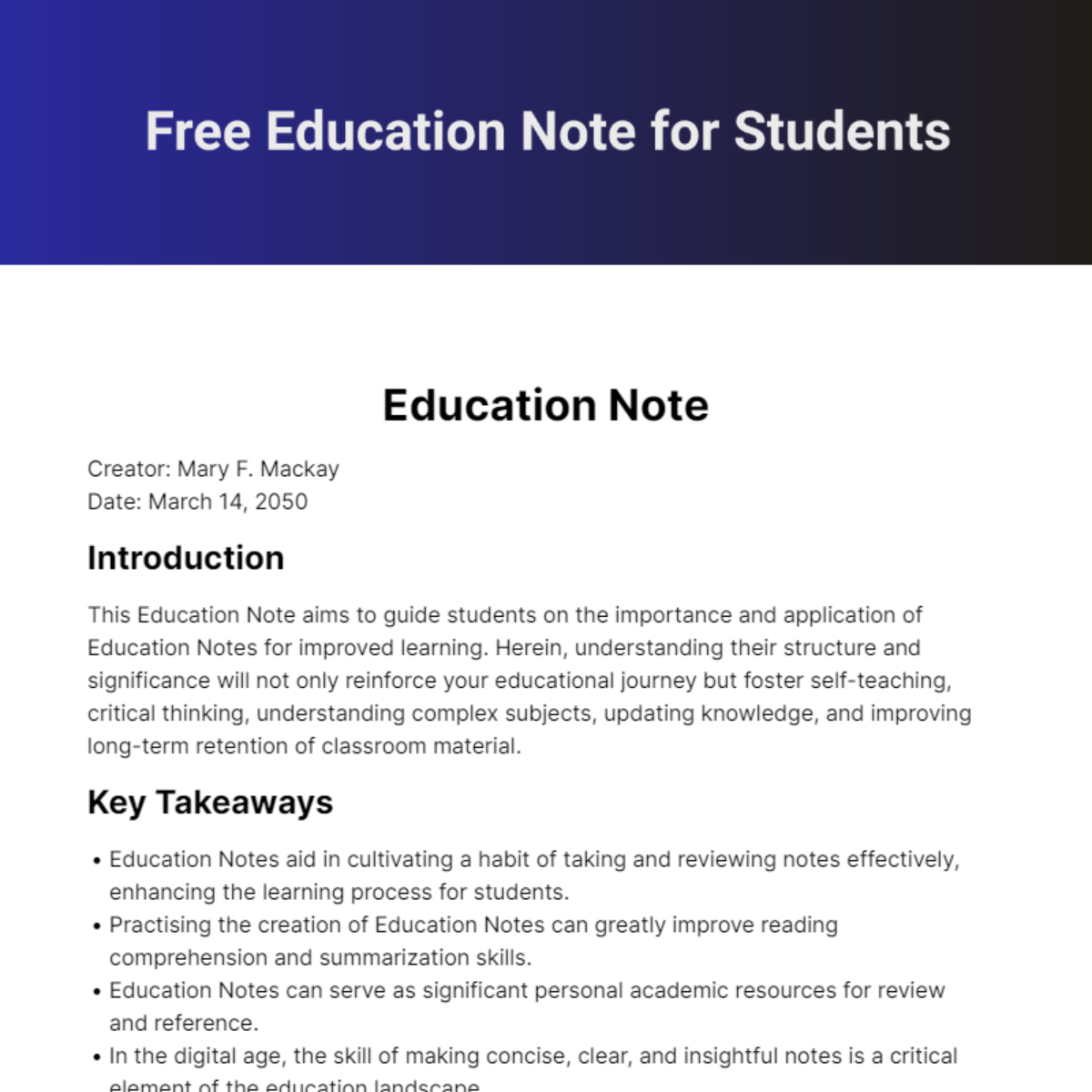 Free Education Note for Students Template