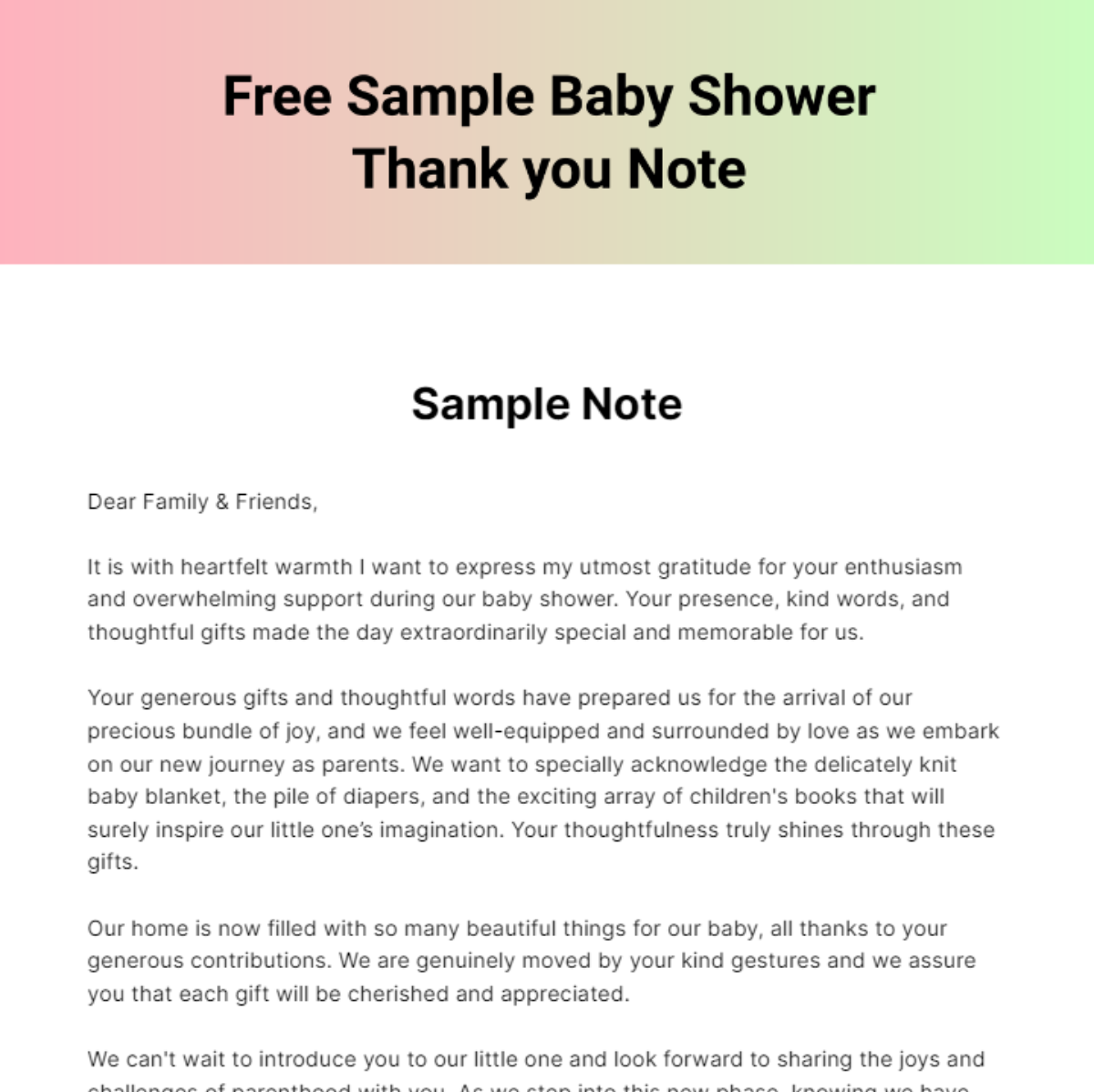 Free Sample Baby Shower Thank you Note Template