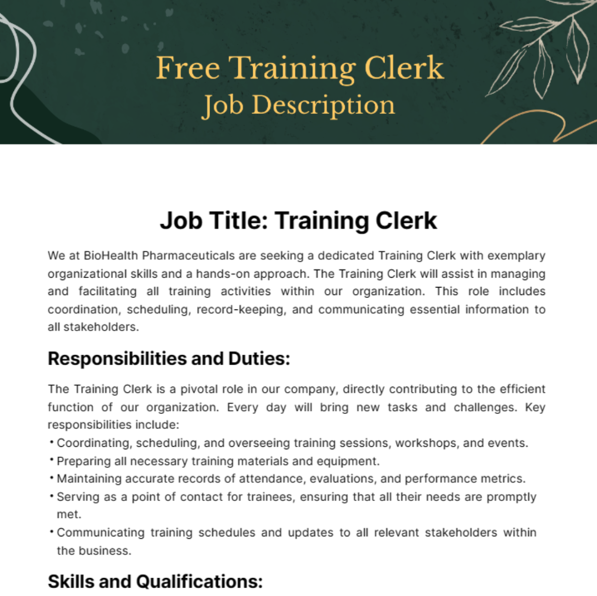 Training Clerk Job Description Template