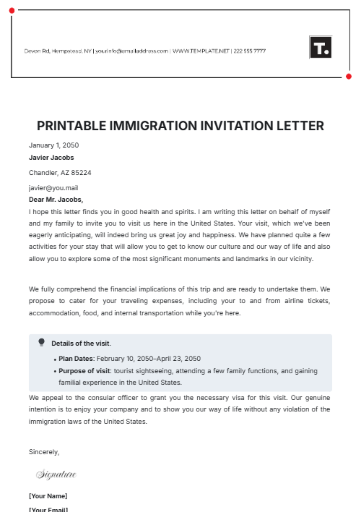 Free Printable Immigration Invitation Letter Template