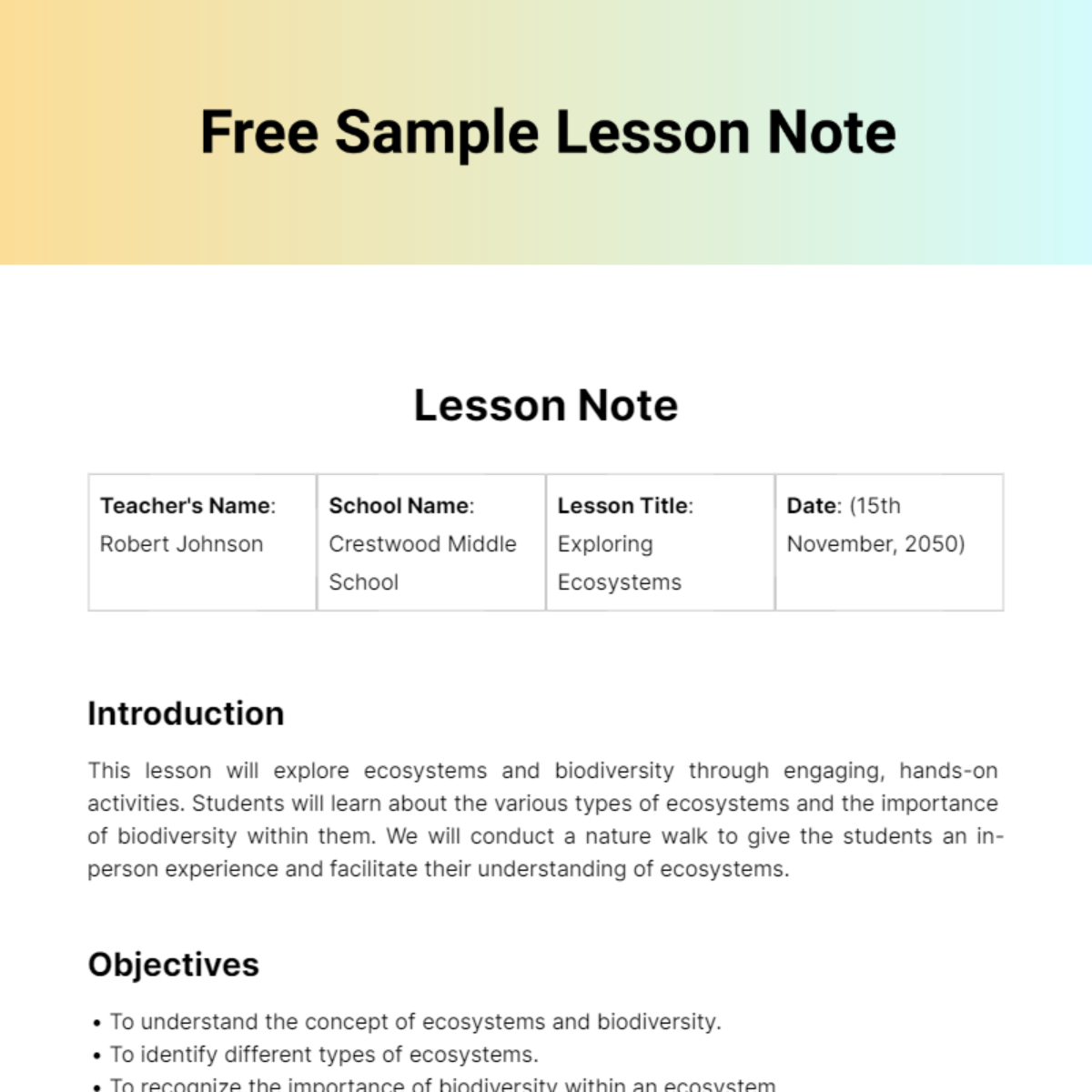 Free Sample Lesson Note Template